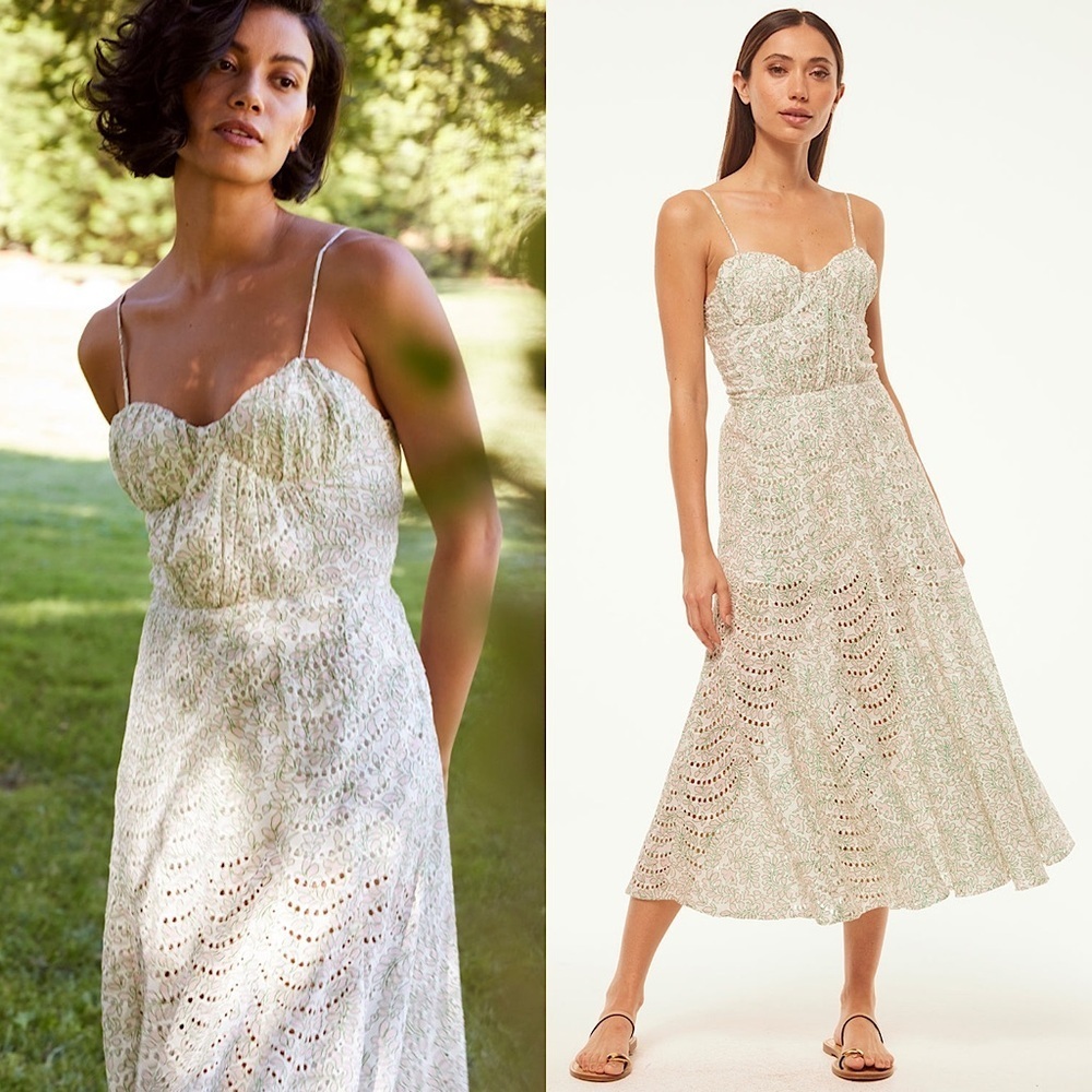 Misa Floral Print Eyelet Bustier Bodice Sleeveless Smocked Back Midi Dress M